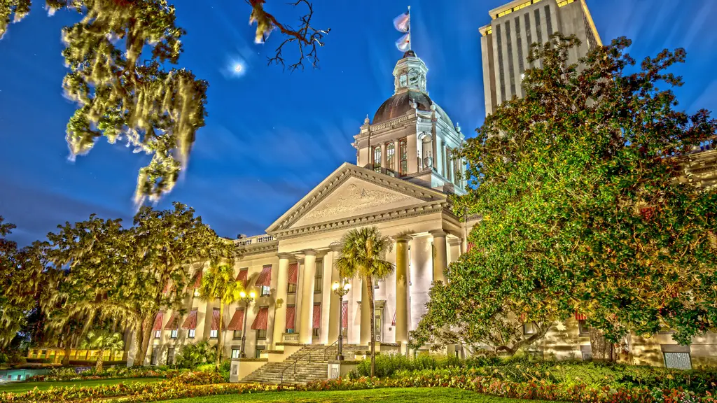 The Florida Historic Capitol in Tallahassee at twilight framed by live oaks and Spanish moss.