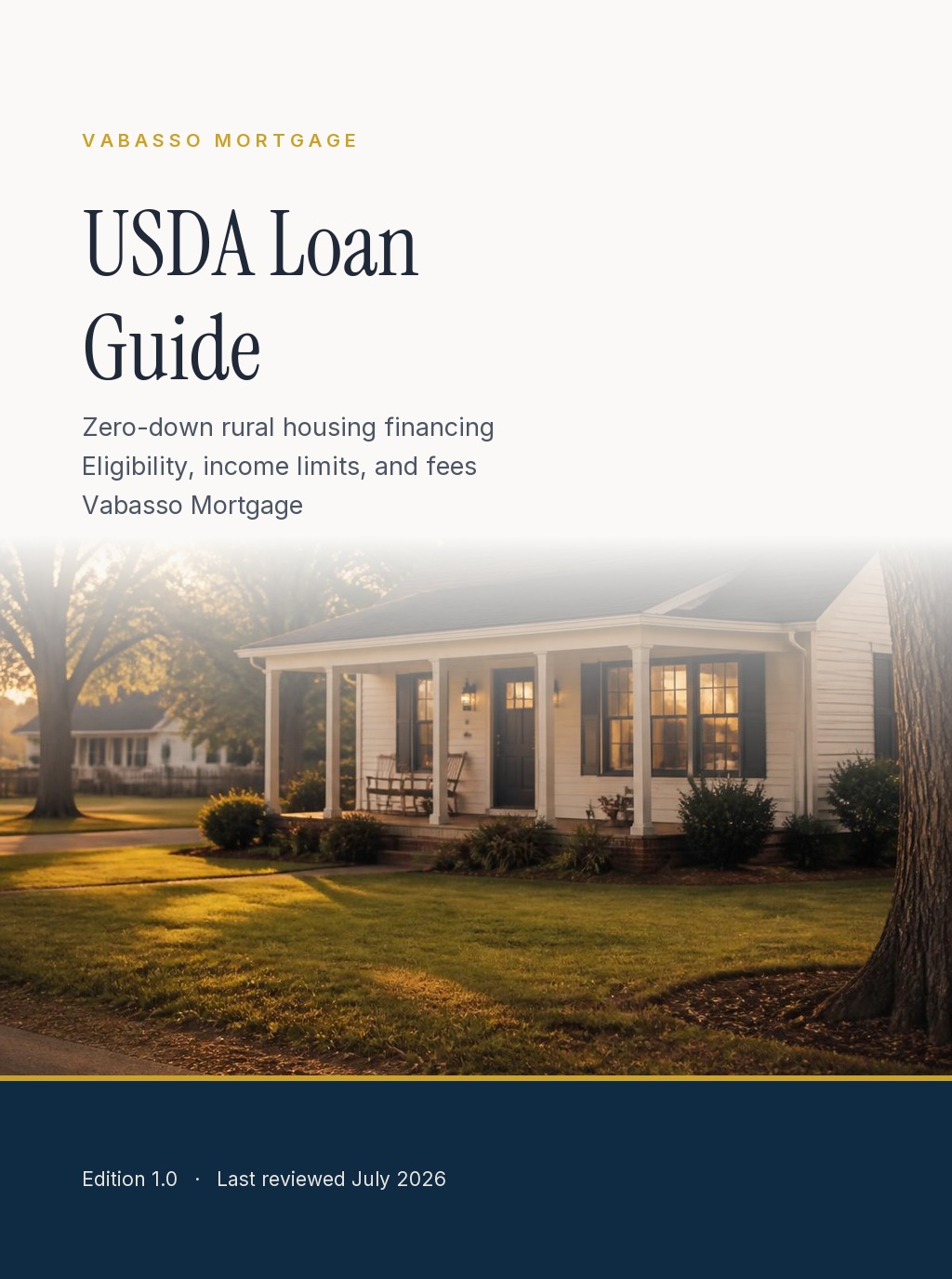 Cover of the Vabasso Mortgage USDA Loan Guide, an editorial guide to zero-down Guaranteed Rural Housing financing.