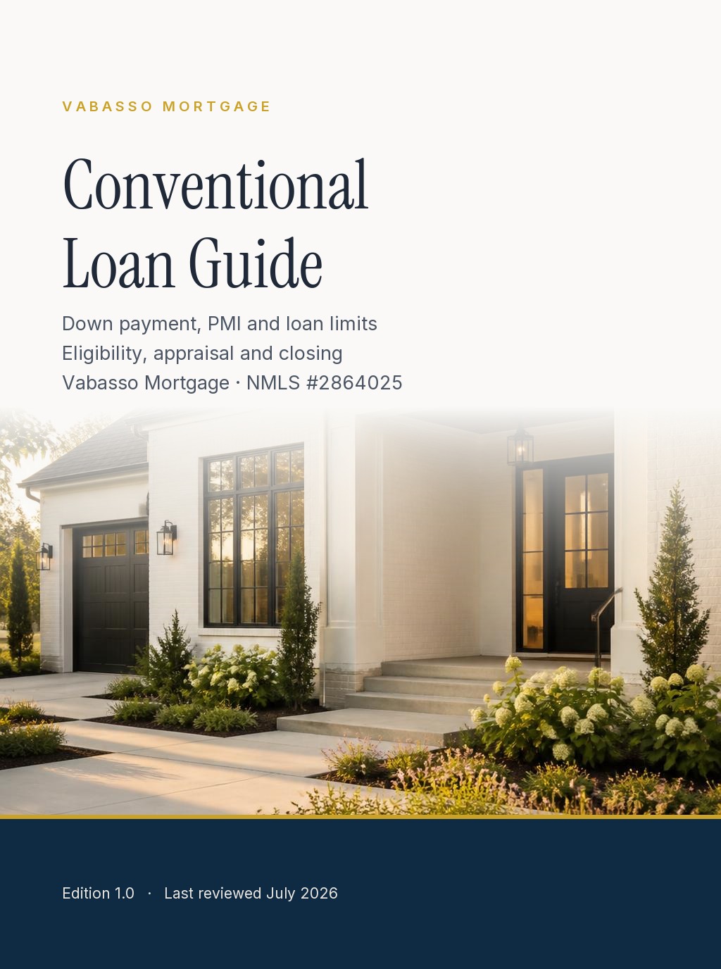 Cover of the Vabasso Mortgage Conventional Loan Guide, an editorial guide to conforming eligibility, down payments, private mortgage insurance, loan limits, and the conventional purchase process.