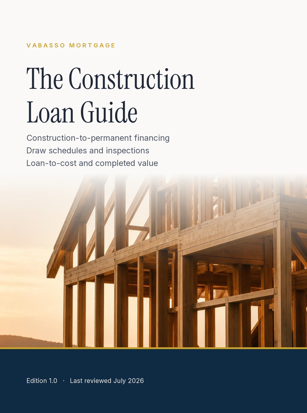Cover of The Construction Loan Guide from Vabasso Mortgage, showing the framed geometry of a residence under construction in warm off-white and charcoal tones.