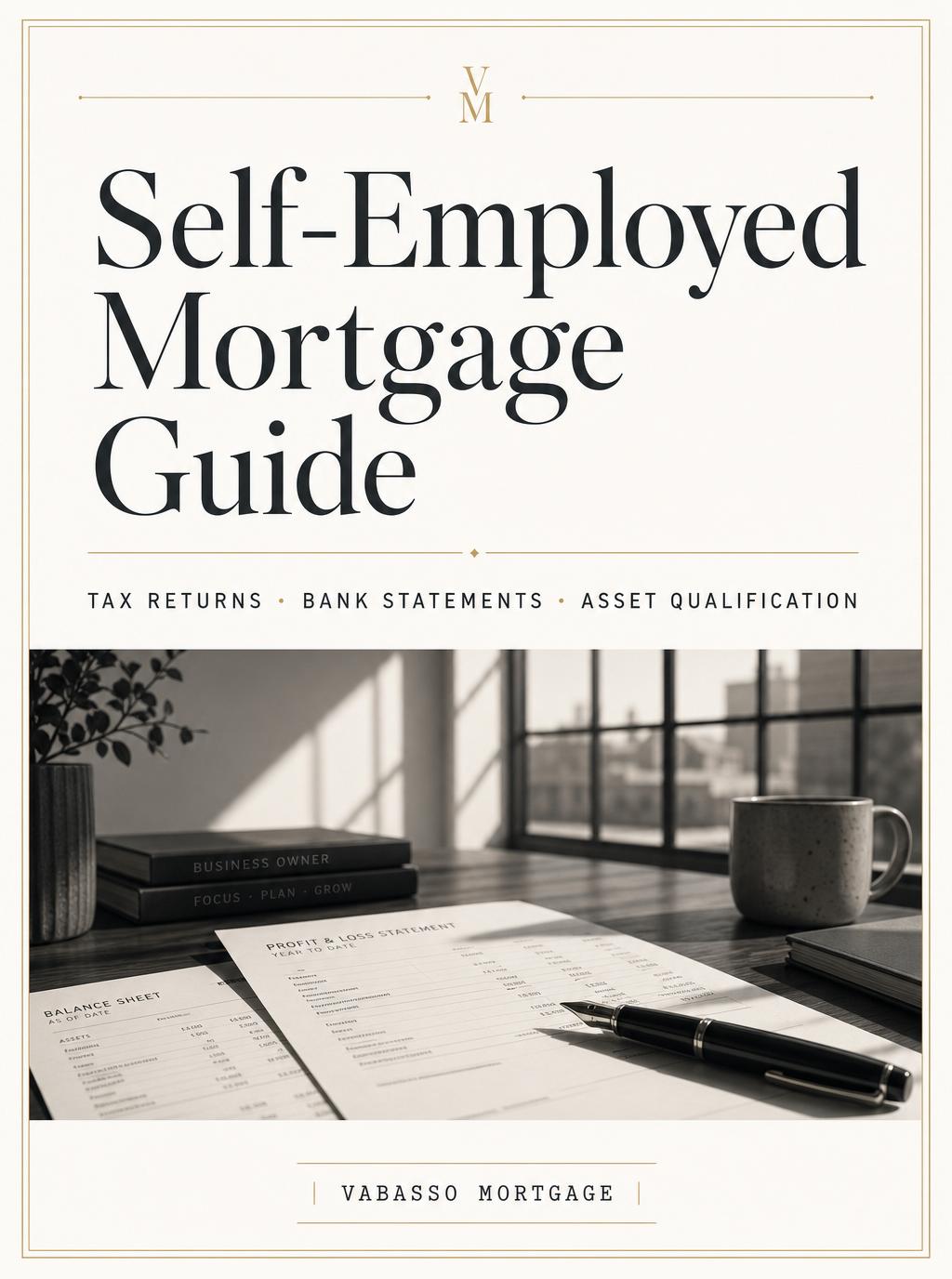Cover of the Vabasso Mortgage Self-Employed Mortgage Guide, an editorial guide to business income analysis, bank statement loans, and asset-based qualification.