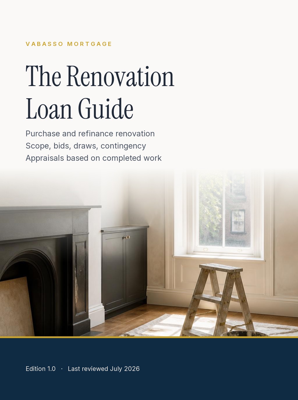 Cover of The Renovation Loan Guide from Vabasso Mortgage, showing a partially renovated interior in warm off-white, charcoal, and gold tones.