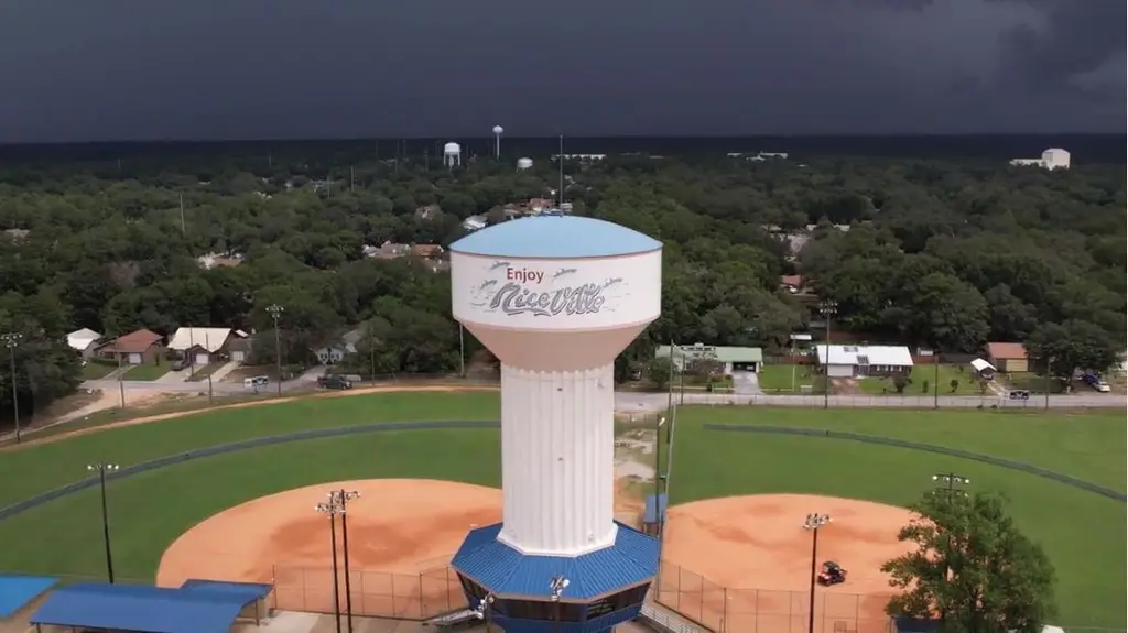 Aerial view of the Niceville, Florida water tower above ballfields and tree-lined neighborhoods under a storm sky.