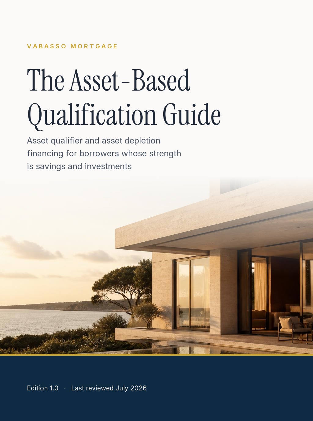 Cover of The Asset Qualifier and Asset Depletion Guide from Vabasso Mortgage, an editorial guide to using verified assets to support mortgage qualification.