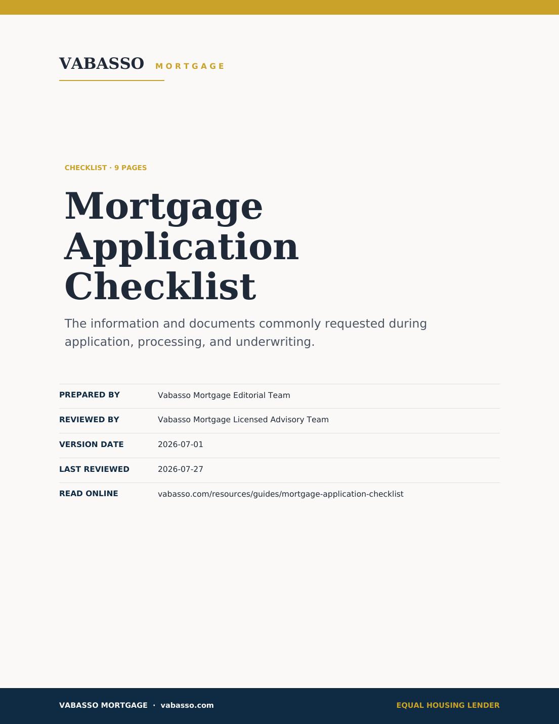 Cover of the Vabasso Mortgage Application Checklist, an editorial guide to documents requested during mortgage underwriting.