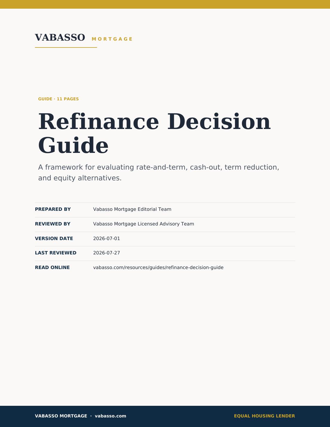 Cover of the Vabasso Refinance Decision Guide, covering costs, savings, and break-even analysis.