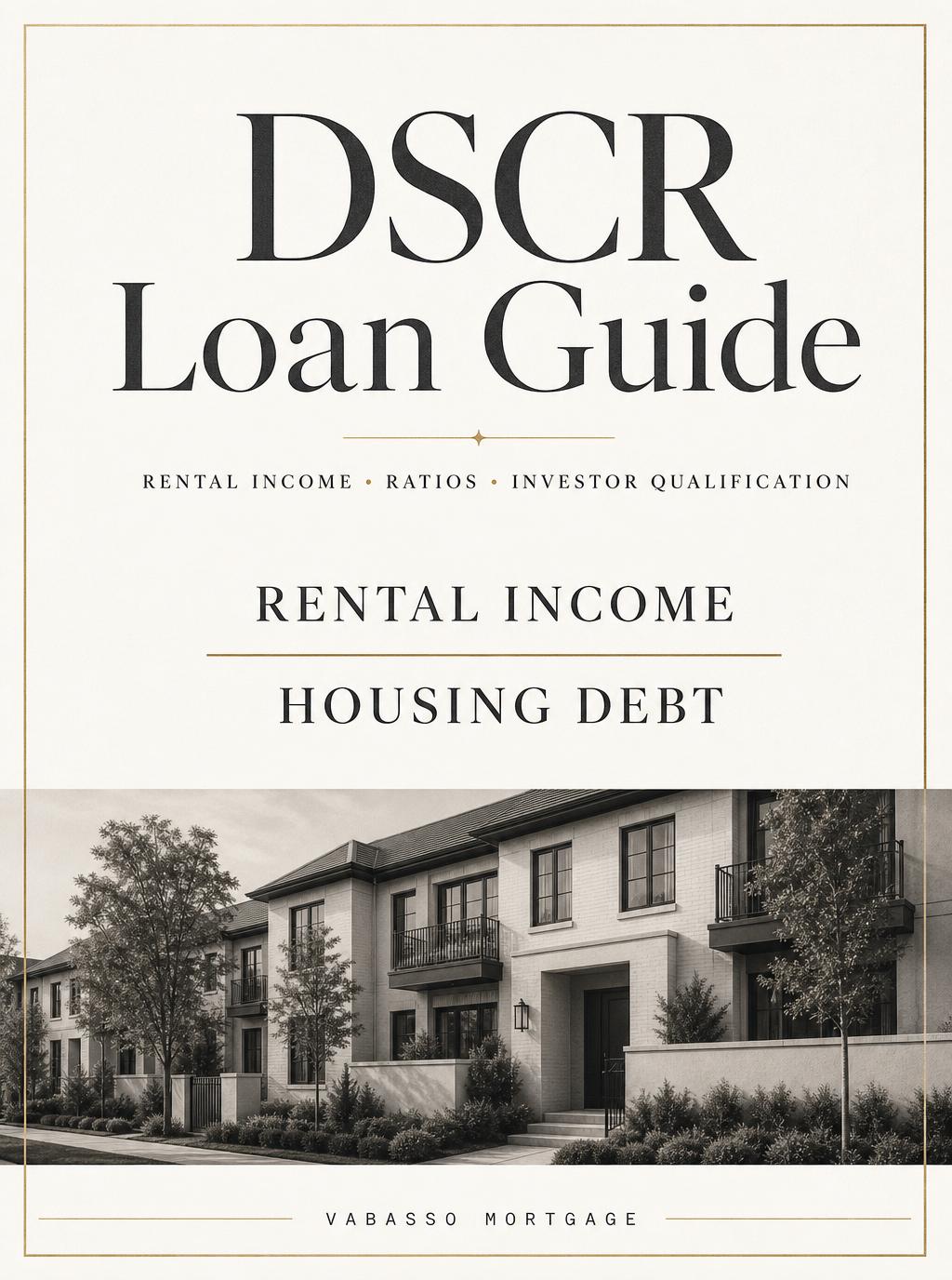 Cover of the Vabasso Mortgage DSCR Loan Guide, an editorial guide to debt service coverage ratio financing for rental property investors.