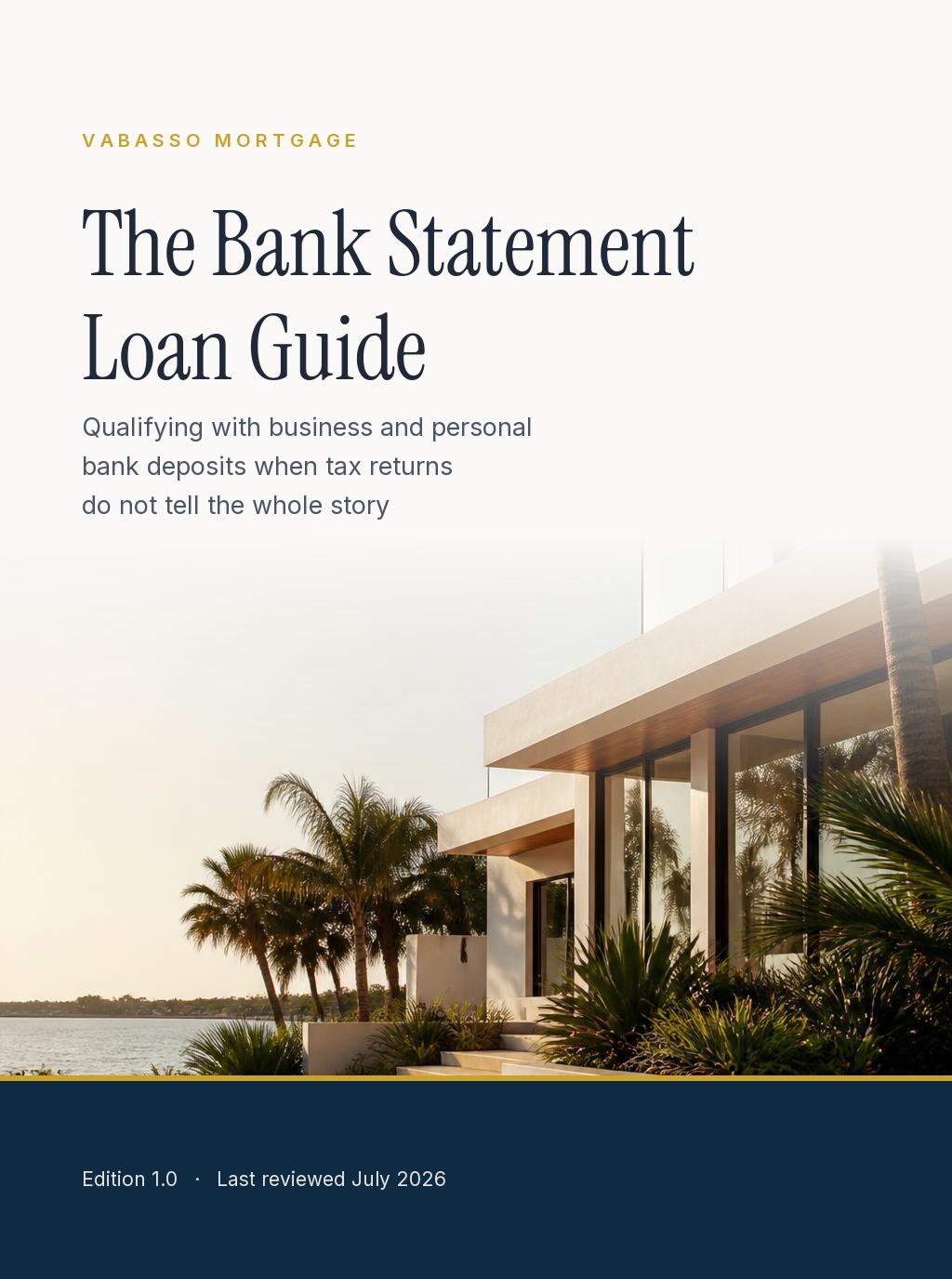 Cover of The Bank Statement Loan Guide from Vabasso Mortgage, an editorial guide to deposit-based income analysis, expense factors, and documentation for self-employed borrowers.