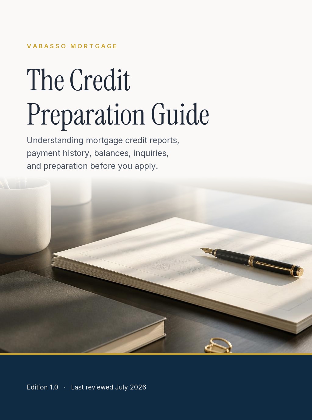 Cover of The Credit Preparation Guide from Vabasso Mortgage, showing a calm sunlit desk with an organized financial statement, notebook, and pen beside a residential window.