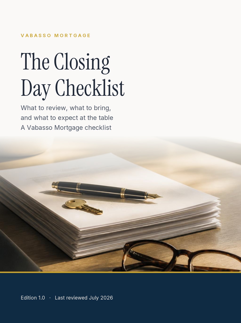 Cover of the Vabasso Mortgage Closing Day Checklist, showing a refined closing-table composition with documents, a fountain pen, and a house key in off-white, charcoal, and gold.