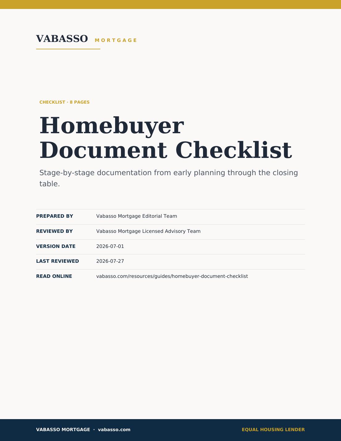 Cover of the Vabasso Homebuyer Document Checklist, organized by stage from pre-qualification to closing.
