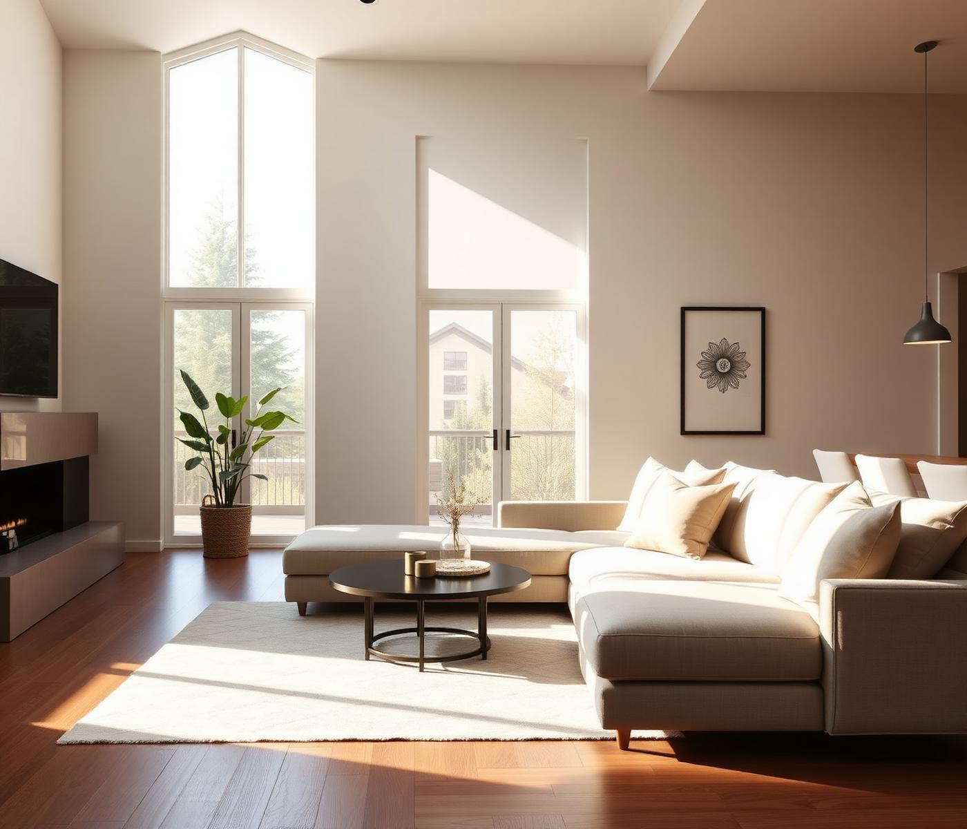 Warm, sunlit modern living room