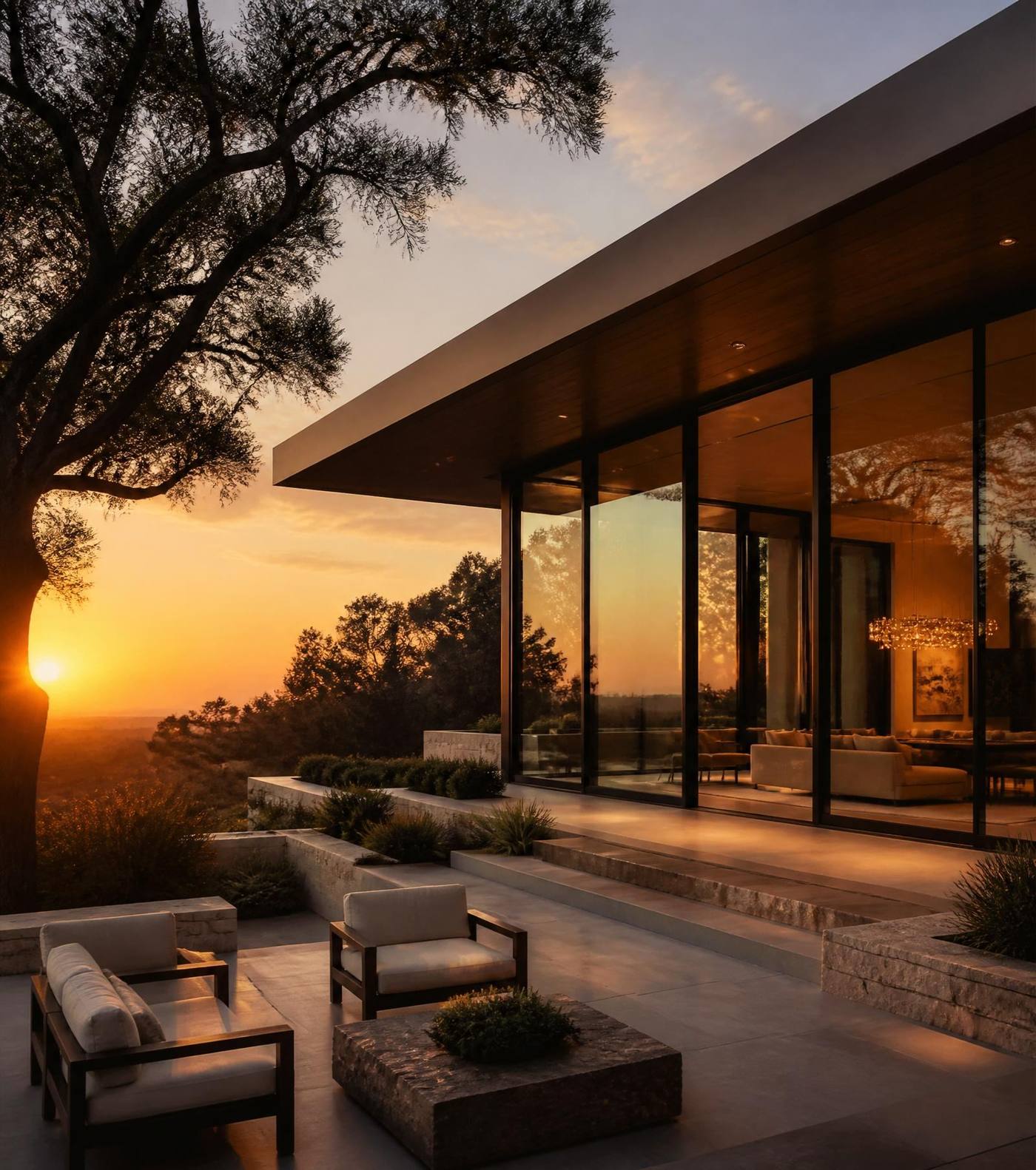 Modern luxury home at golden hour with warm interior lighting