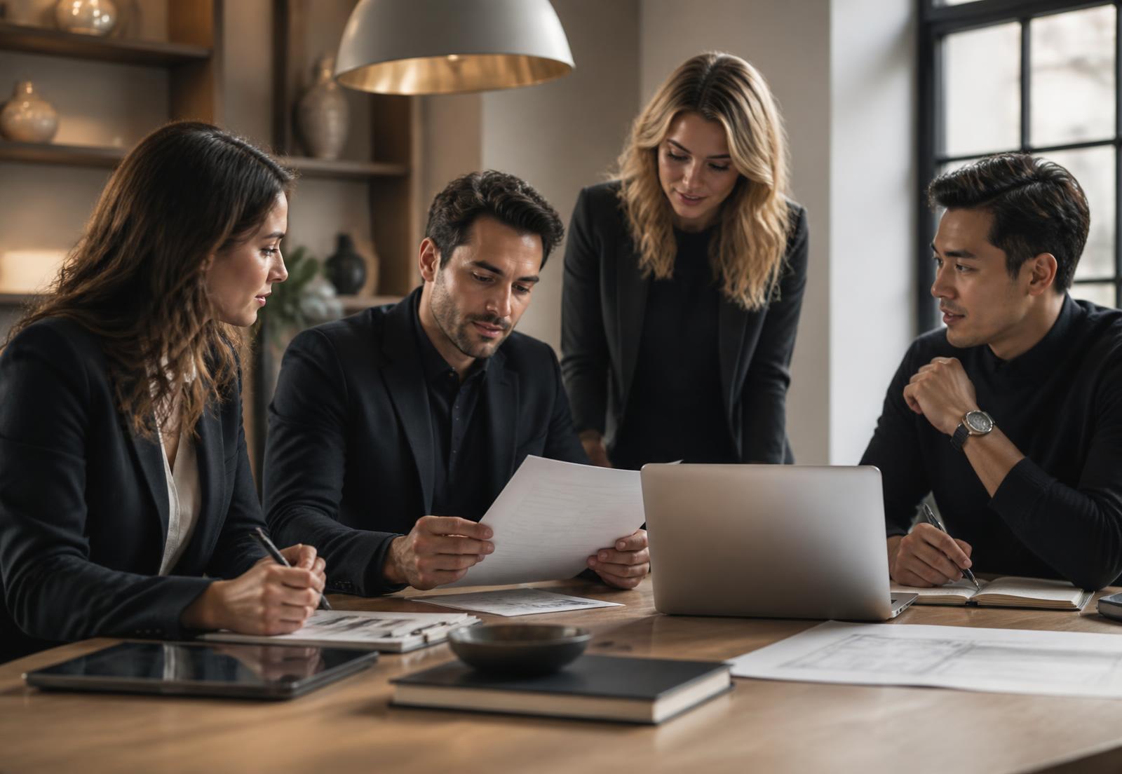 A mortgage, operations, and technology team reviewing loan documents and product work together in a light-filled workspace